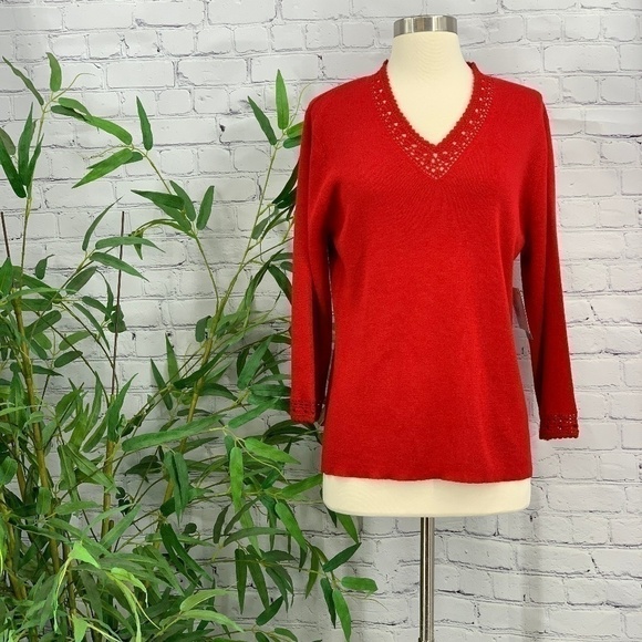 🎉Sag Harbor Red w/ Crochet Neck Line & Sleeve Top - Picture 1 of 8